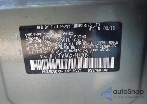 2015 Subaru Impreza 2.0I из США, поврежденный, VIN JF1GPAA6XFH320901